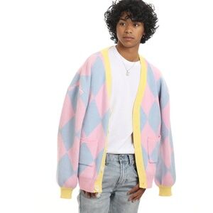 Steady Hands Blue and Pink Argyle Cardigan - Unisex S/M